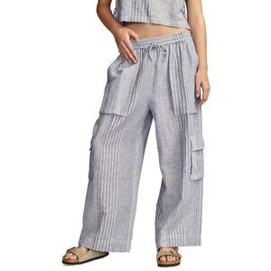 Lucky Brand Womens Drawstring Linen-Blend Blue Pants Stripe Size XL